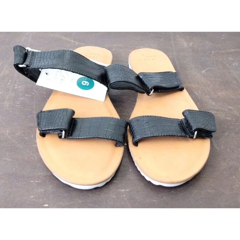 A New Day Womens Black Faux Crocodile Double‎ Strap Slide Sandals Size 9